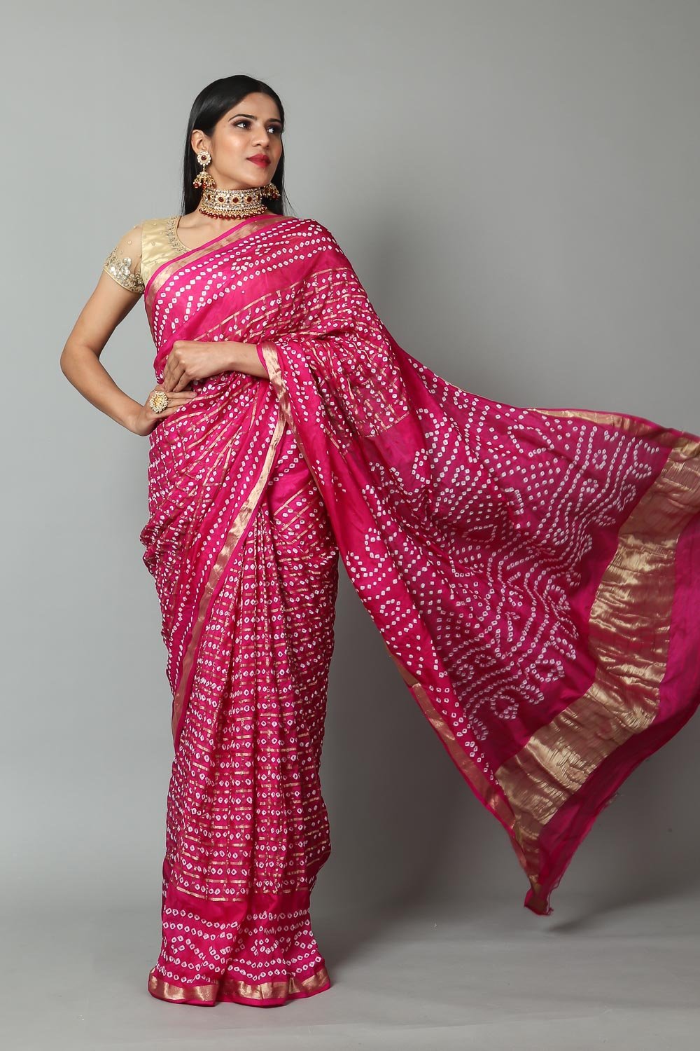 Pink saree in Banarasi fabric with Tie-Dye Bandhani and Weaving ...