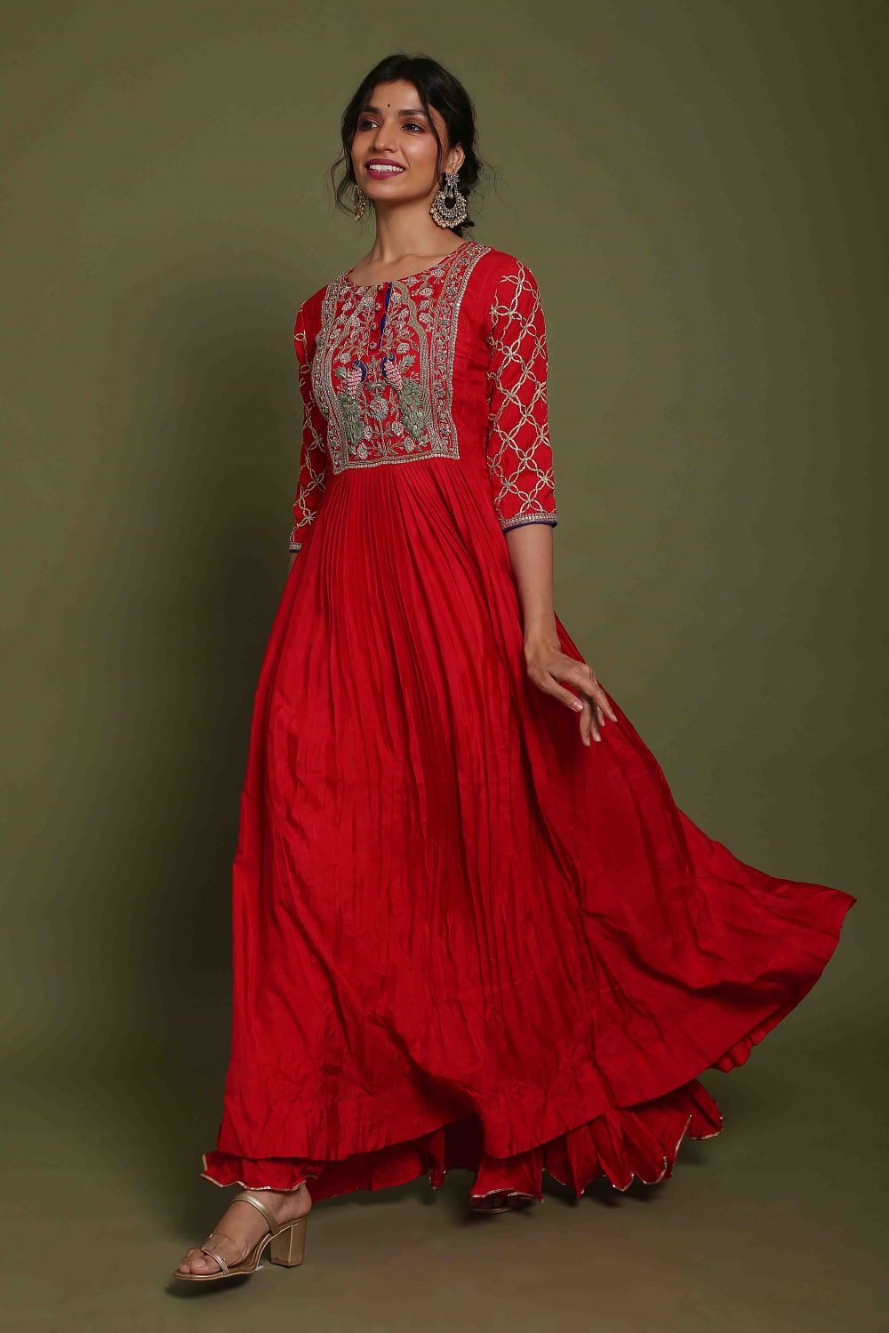 Red Dress in Pure Dola Silk fabric with Sequin, Resham, Gota, Aari ...
