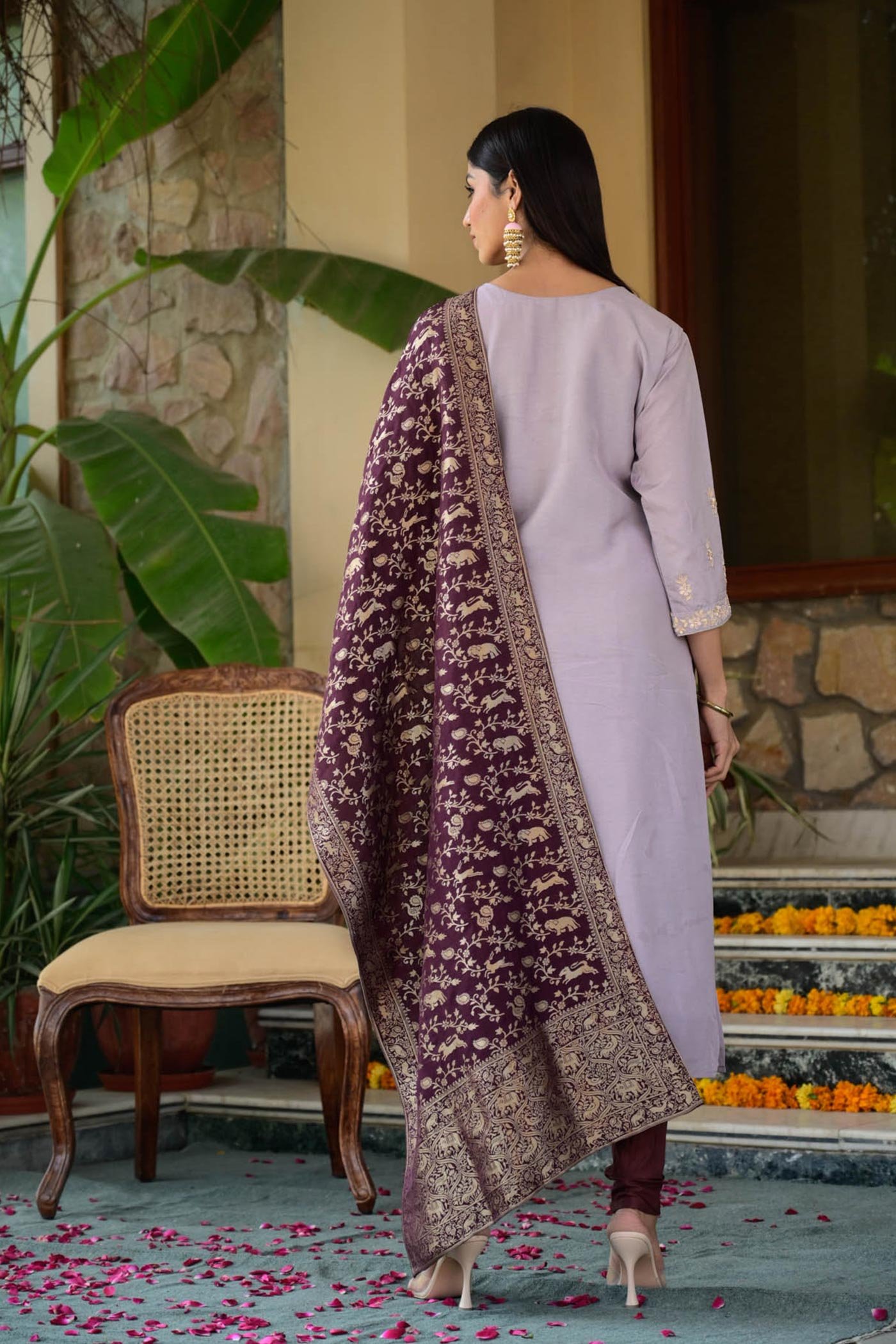 Light Purple Kurta set with Dupatta in Pure Dola Silk fabric with - Main Image