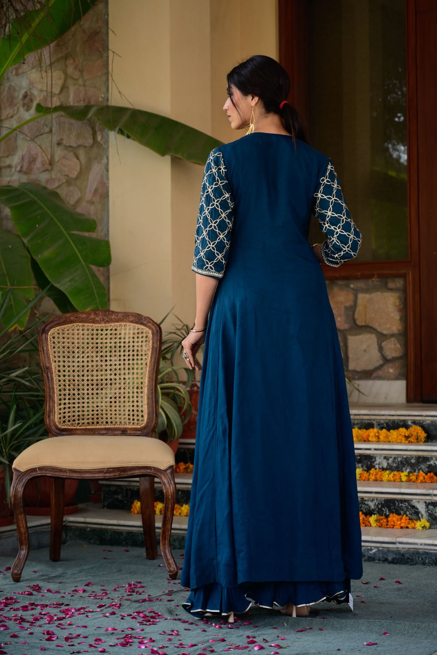 Navy Blue Printed Long Jacket With Navy Blue Printed Gown - CHARU PARASHAR  - 3323433