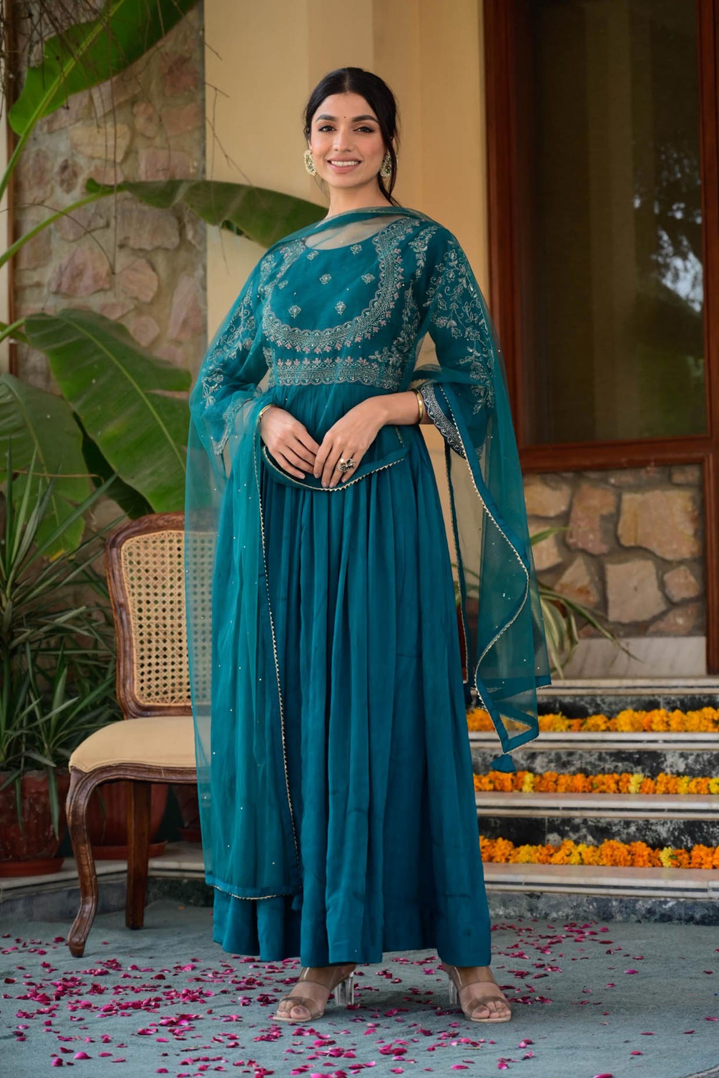 Teal Green Gown set in Imported Crepe Fabric with Dupatta with Resham,  Cutdana, Moti,Dabka and Sequence Work | Kishori